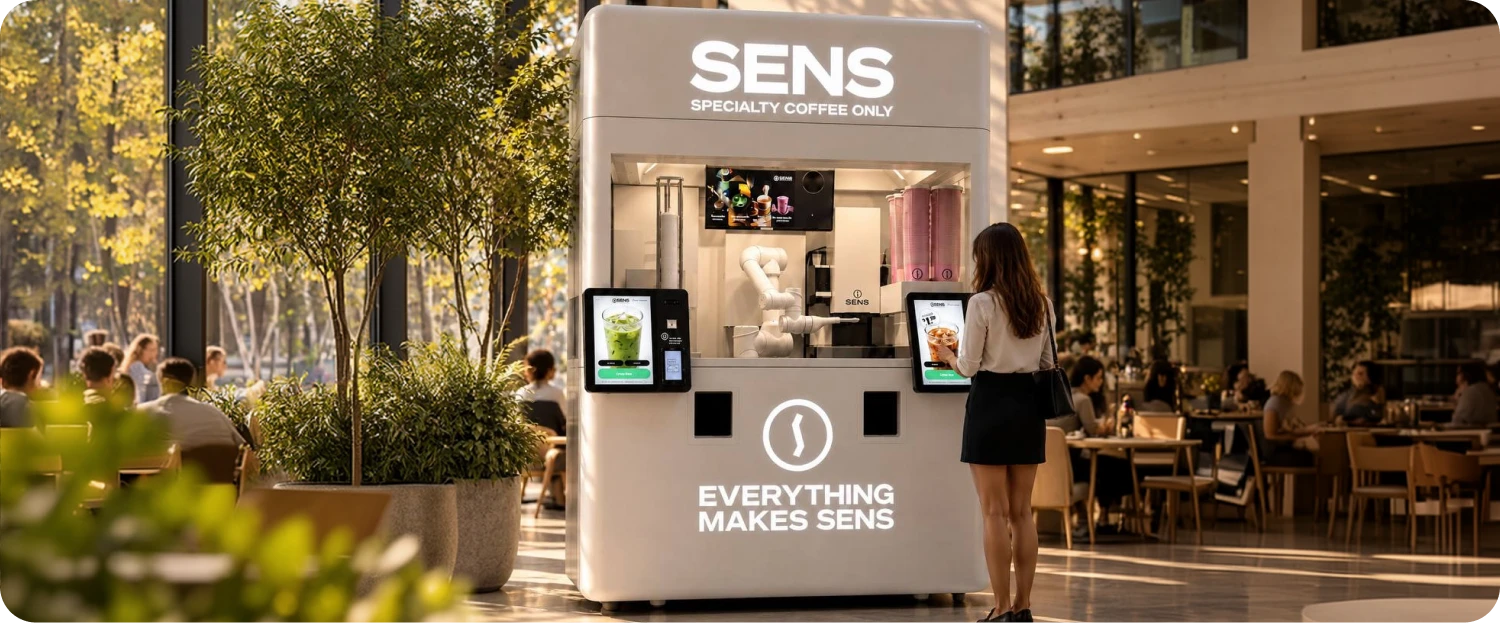 SENS robotic coffee kiosk concept in a bright indoor atrium