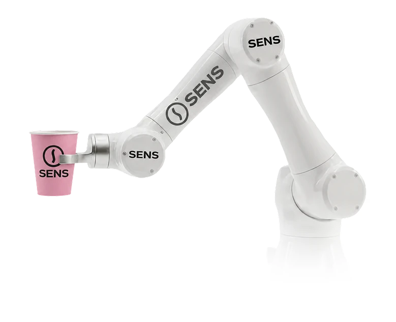 SENS robotic arm holding a pink coffee cup