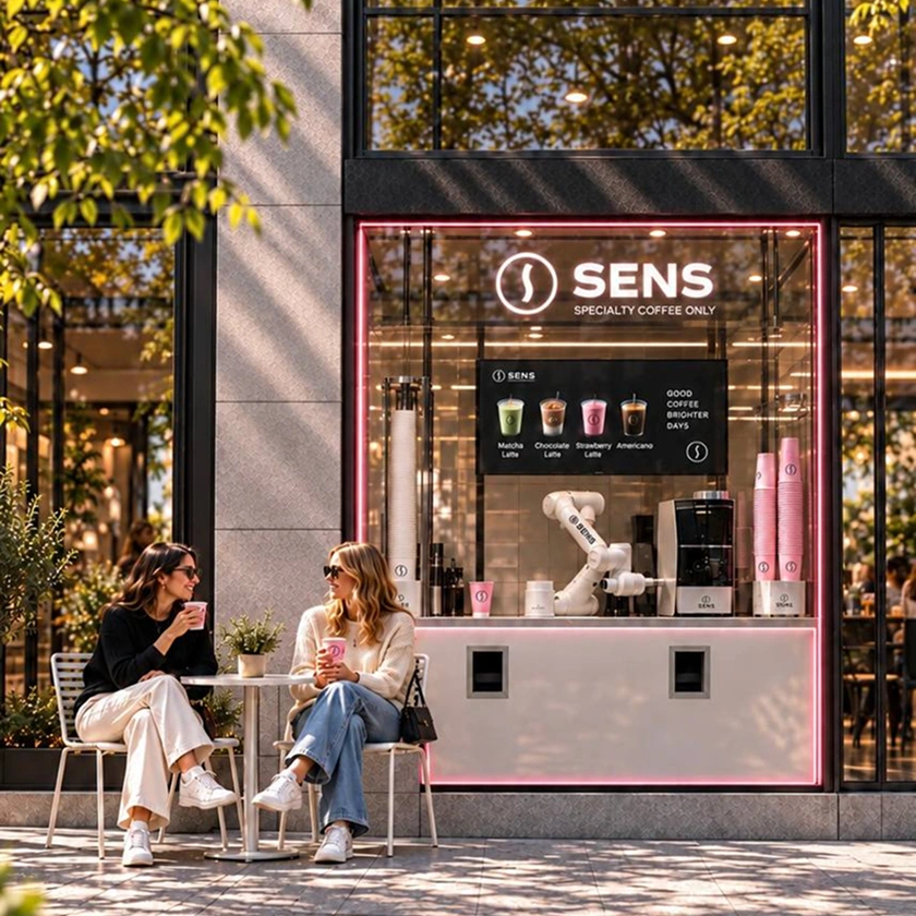 Two women enjoying coffee beside a SENS Spot robotic cafe storefront